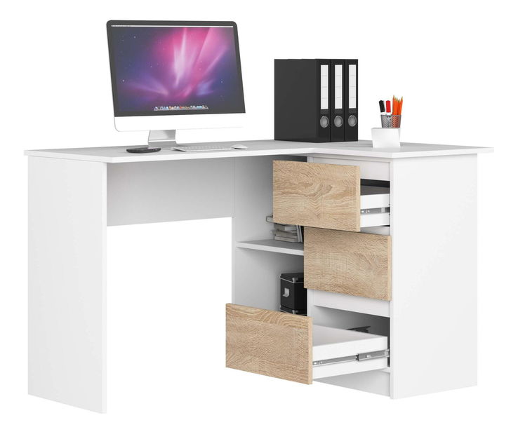 Masă PC de colț Bodhi (alb + stejar sonoma) (D)