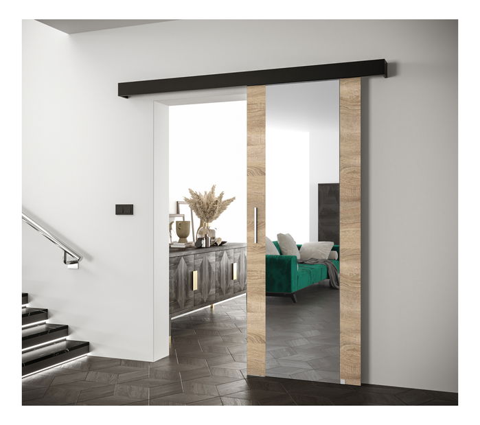 Posuvné dvere 90 cm Sharlene II (dub sonoma + čierna matná + strieborná) (so zrkadlom)