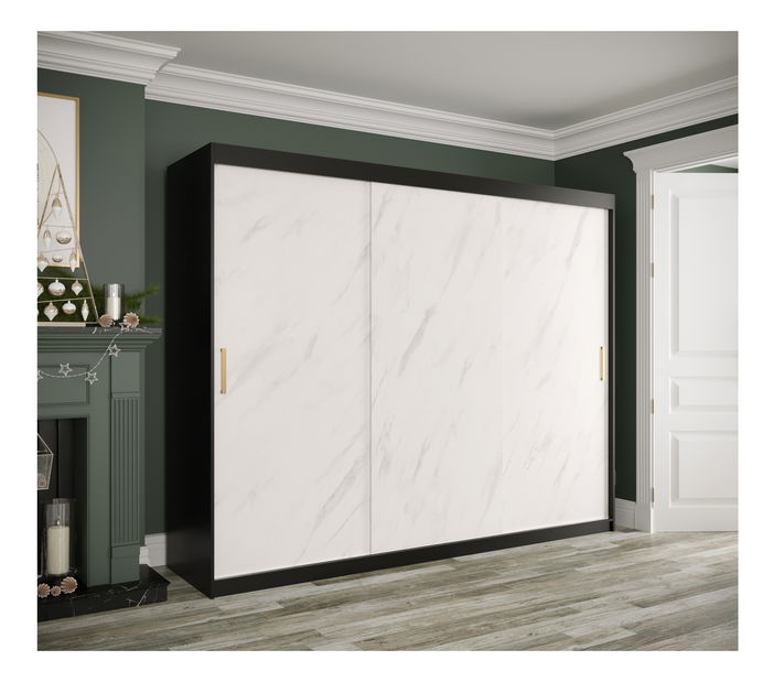 Šatníková skriňa 250 cm Marbelo T (matná čierna + biely mramor)