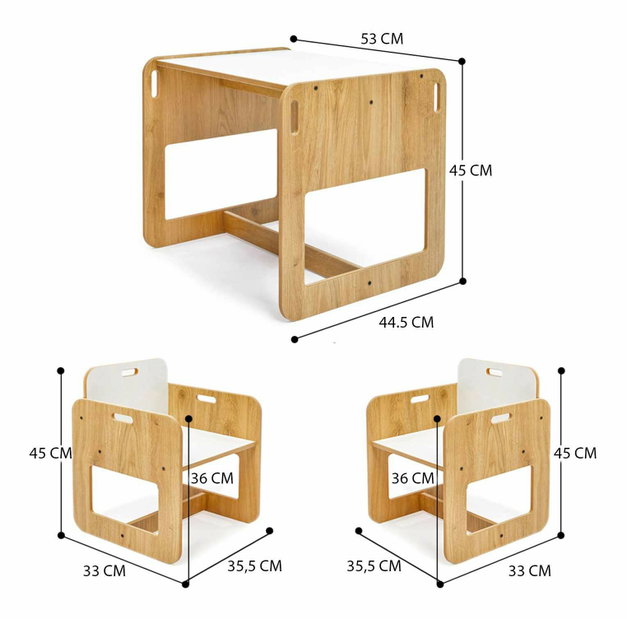 Set detský stolík a 2 stoličky Durumo 2 (biela + naturálna)