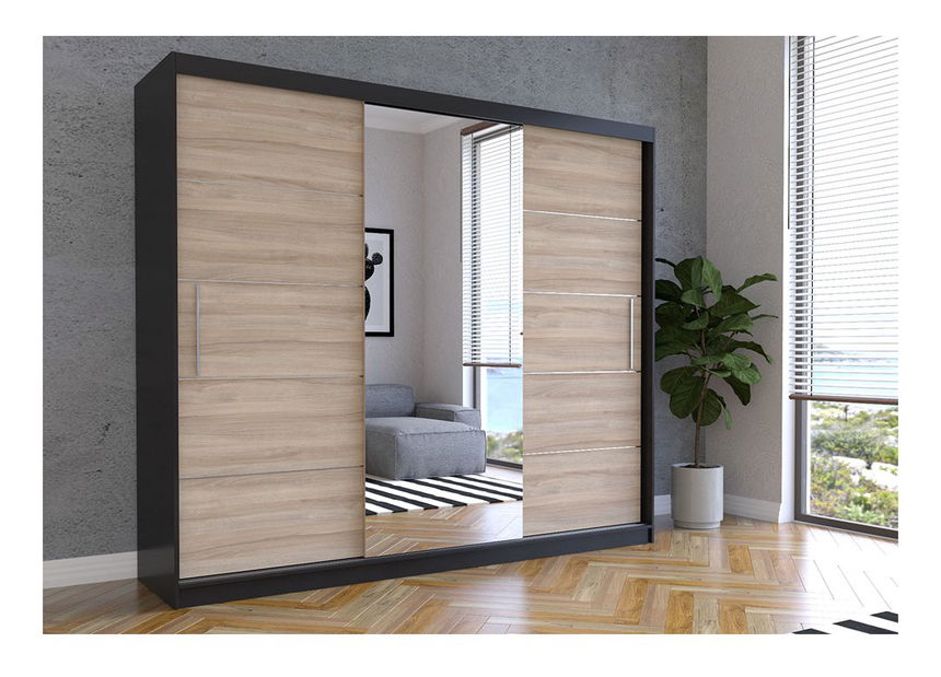 Šatníková skriňa Arrun (čierna + dub sonoma + zrkadlo)