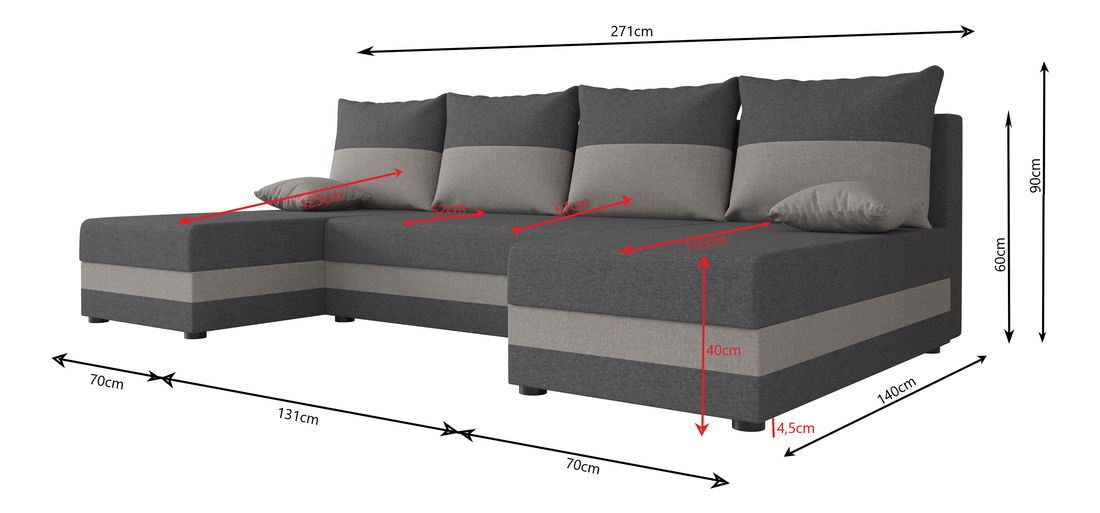 Kutna garnitura u obliku slova U Harmony U (crna + siva)