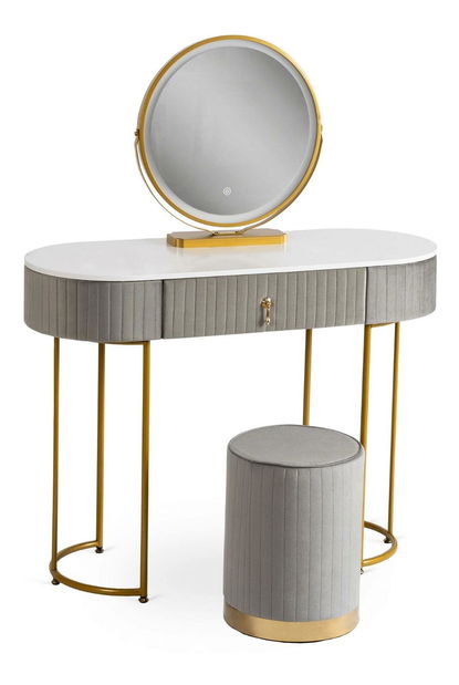 Toaletni stolić Afecto (siva + zlatna) (s tabureom i LED ogledalom)
