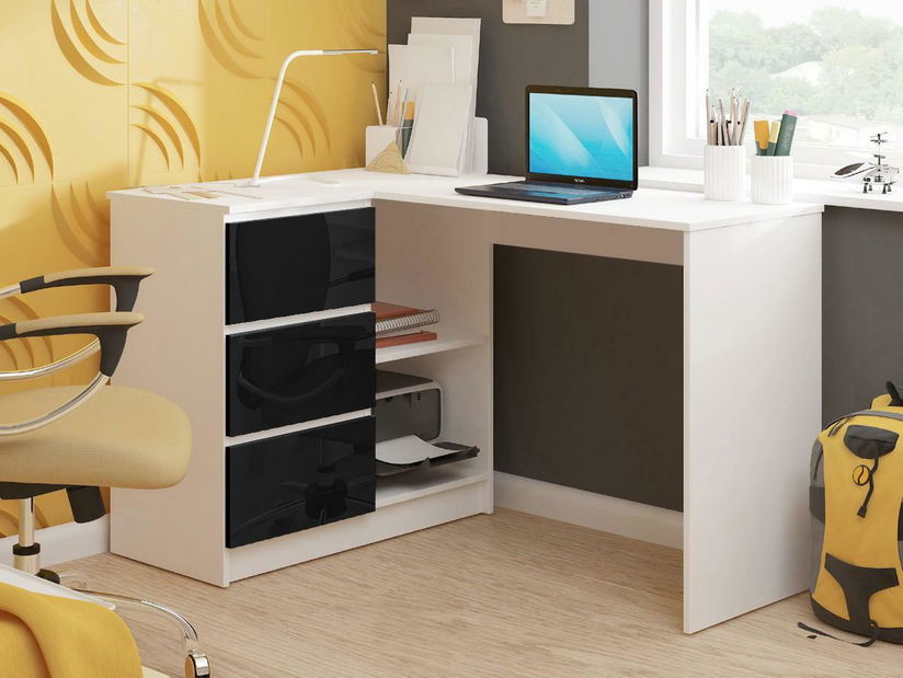 Masă PC de colț Bodhi (Alb + negru lucios) (S)