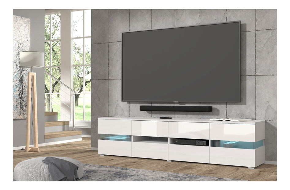 Masă TV/Dulap Vaimo (alb mat + Alb lucios) (cu iluminat)