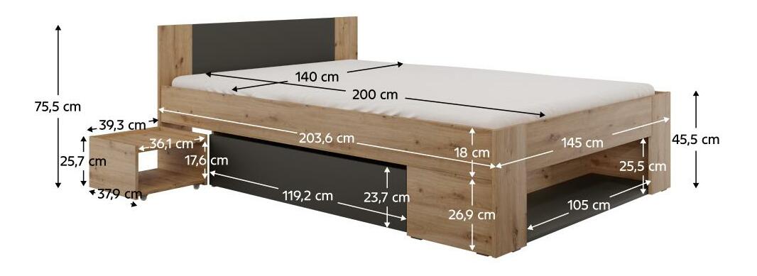 Manželská posteľ 140 cm Uniforme (dub artisan + antracit) (s úl. priestorom)