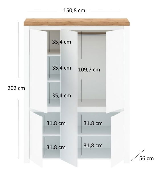 Ruhásszekrény Vina (fényes fehér + wotan tölgy)