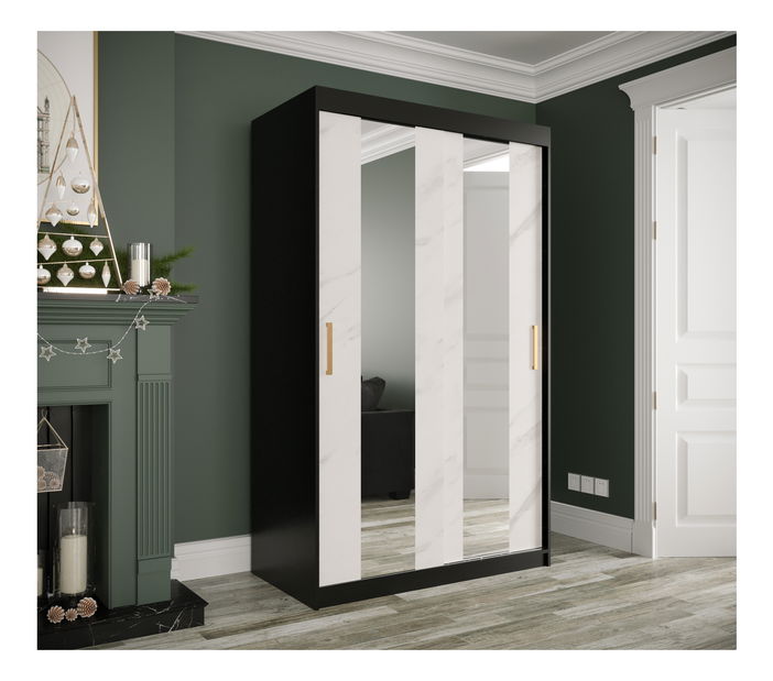 Šatníková skriňa 120 cm Marbelo P (matná čierna + biely mramor)