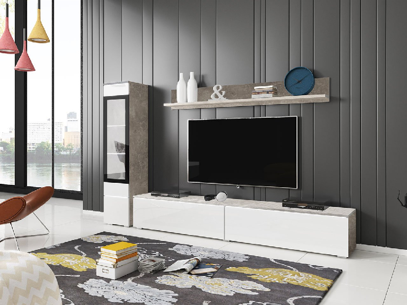 Mobilier living Selwyn I (beton + Alb lucios ) (iluminat LED Alb)