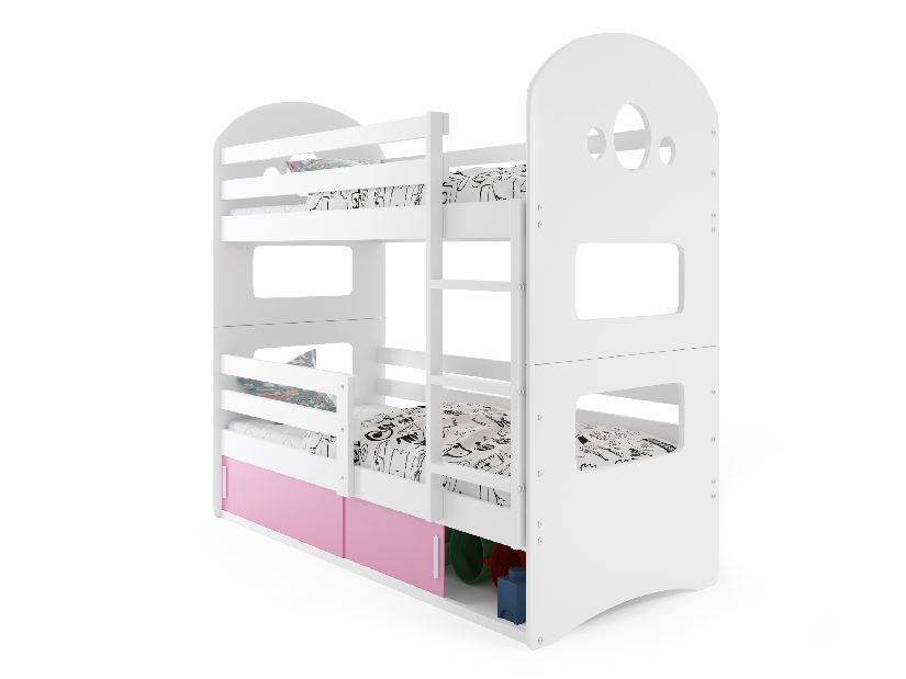Poschodová posteľ 80 x 160 cm Domur (biela + ružová) (s roštami, matracmi a úl. priestorom)