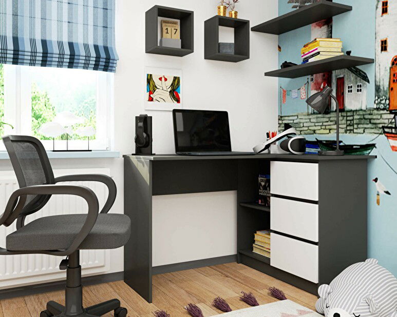 Sarok PC asztal Balkon (grafit + fehér) (P)