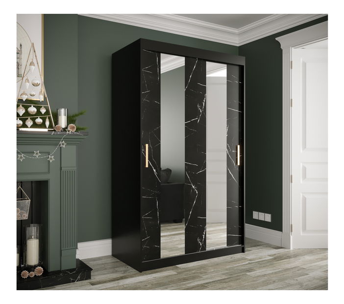 Šatníková skriňa 120 cm Marbelo P (matná čierna + čierny mramor)