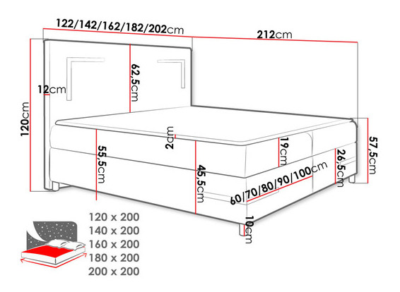 Pat matrimonial 180 cm Frinesa LED (maro deschis) (cu somieră și saltea) (cu sp. depozitare) (cu iluminat LED)