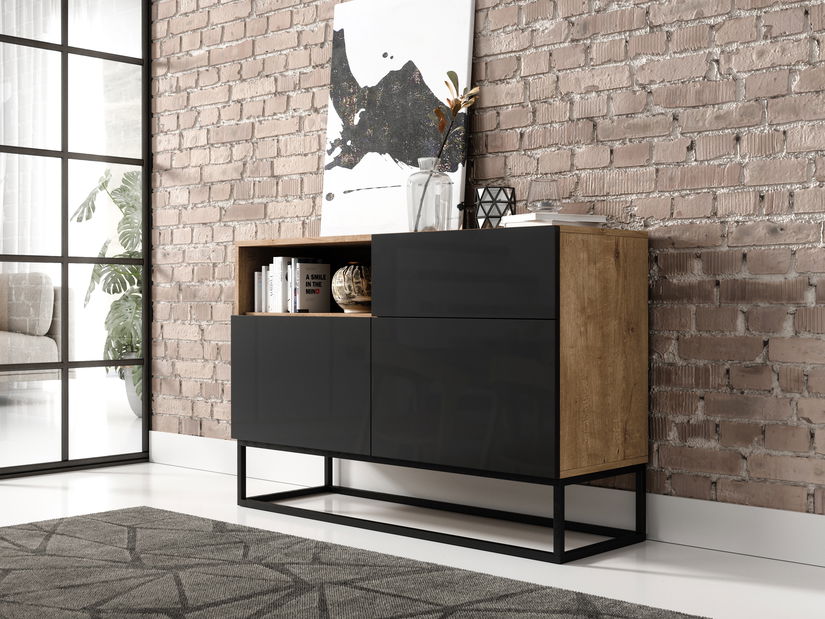 Komoda Antonio (dub artisan + čierna lesklá)
