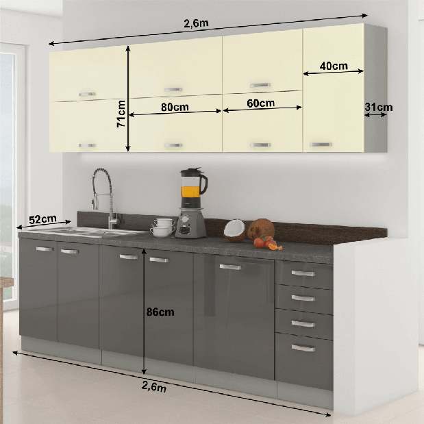Konyha Primula 260 cm (szürke + magasfényű szürke/krém)