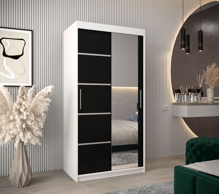 Dulap de haine 100 cm cu oglindă Verika 2 100 (alb + negru)