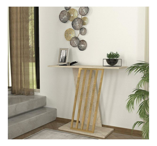 Konzolový stolík Glumy (zlatá + travertín) 