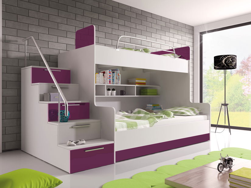 Pat supraetajat Ruby II (alb + roz) (cu somiere și saltele)