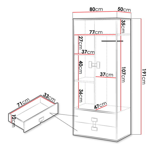 Dulap de haine Marcel TE1 (stejar artisan + Alb lucios)