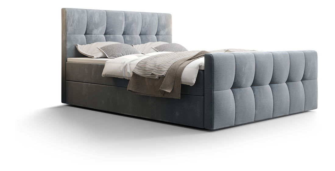 Pat matrimonial Boxspring 160 cm Macheta Comfort (albastru deschis) (cu saltea și sp. depozitare)