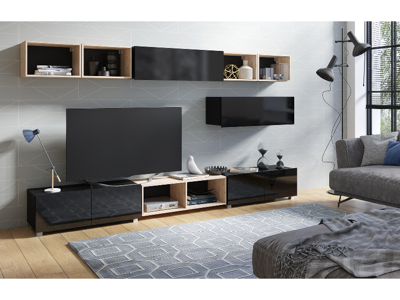 Mobilier living Calabria C26 BLACK (Negru + Stejar artisan) (fără iluminat)