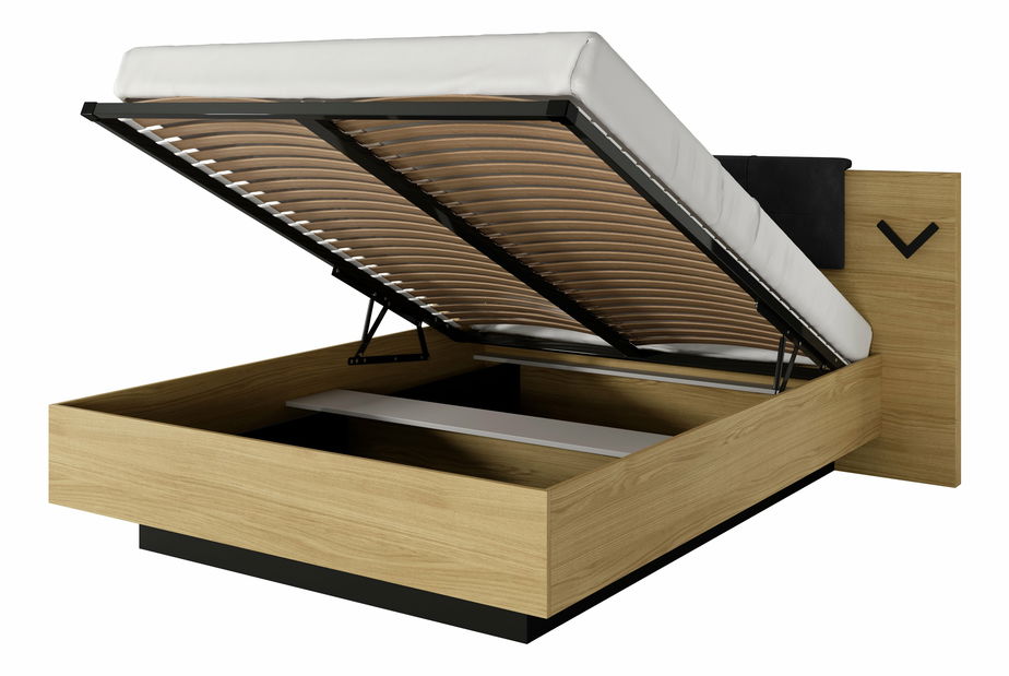 Bračni krevet 160 cm Versaccio (s prostorom za odlaganje) (s rasvjetom) (bez madraca i podnice) (hrast scandi + crna)