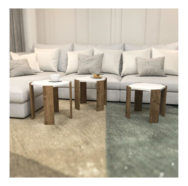 Set 3 măsuțe cafea Lorizolla (alb + nuc)