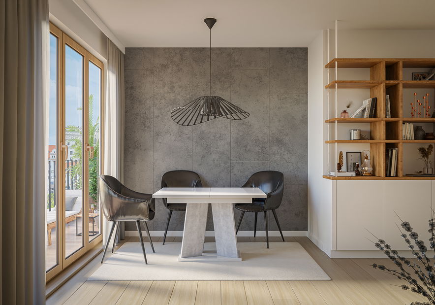 Masă de sufragerie Mulnu (alb lucios + piatră) (pentru 4 până la 6 persoane)