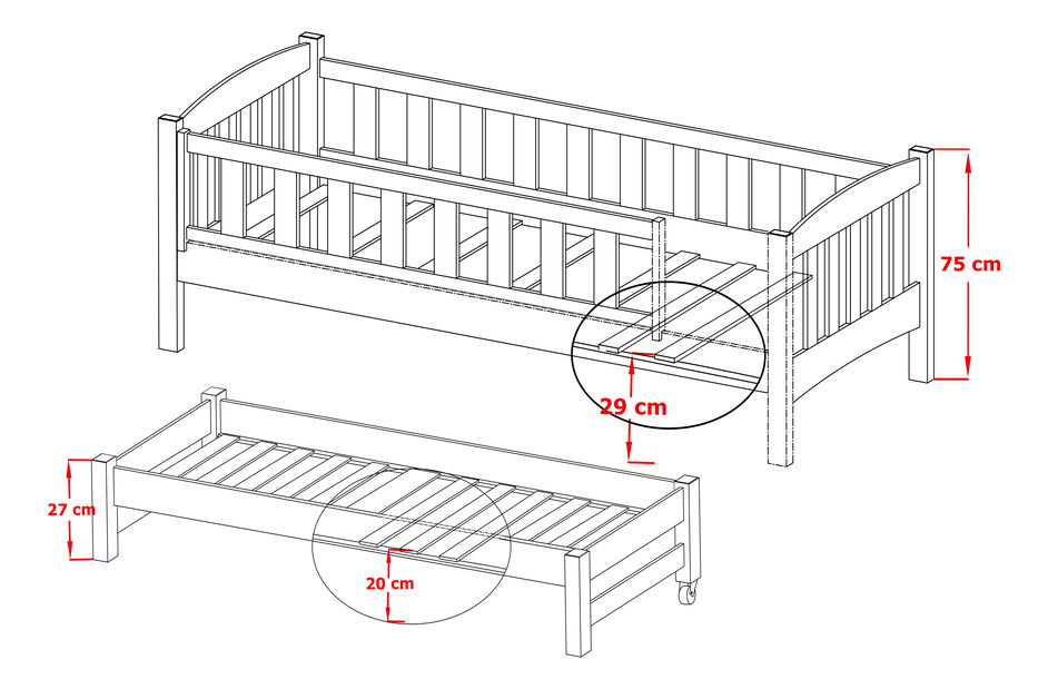Pat pentru copii 90 x 200 cm Amalia (cu somieră și sp. depozitare) (Pin)