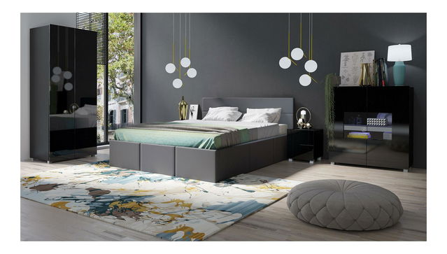 Spálňa Calabria 1 (čierna matná + lesk čierny + grafit) (s osvetlením)