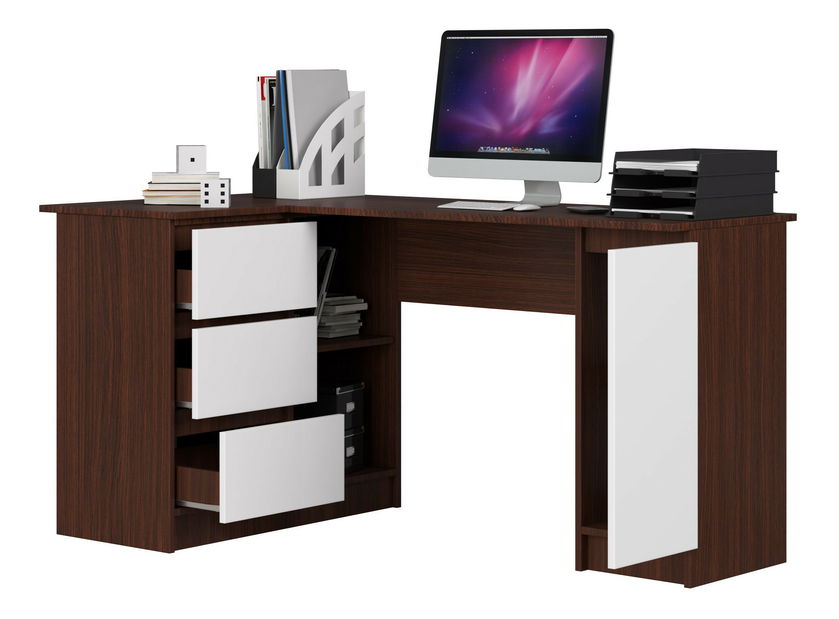 Rohový PC stolík Bevin (wenge + biela) (L)