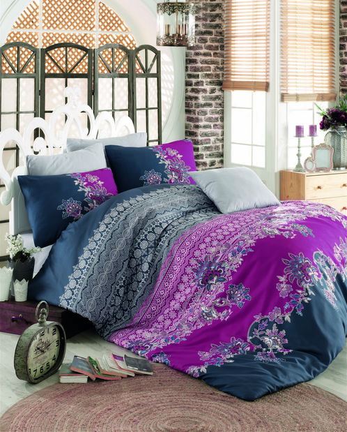 Posteljina 200 x 220 cm Azrian (fuksija + sivo -bijela)