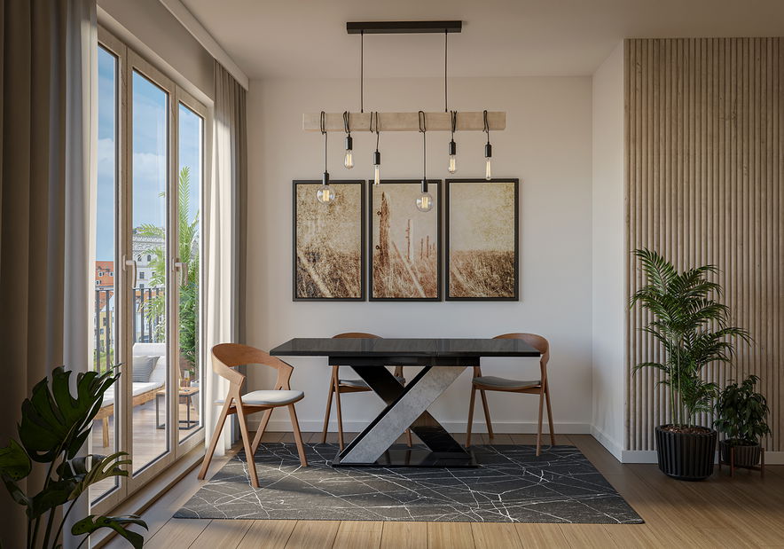 Masă de sufragerie Xalin (negru lucios + piatră) (pentru 4 până la 6 persoane)