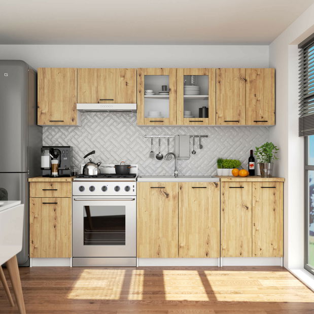 Vitrină de bucătărie superioară Organo 580 (alb + stejar artisan)