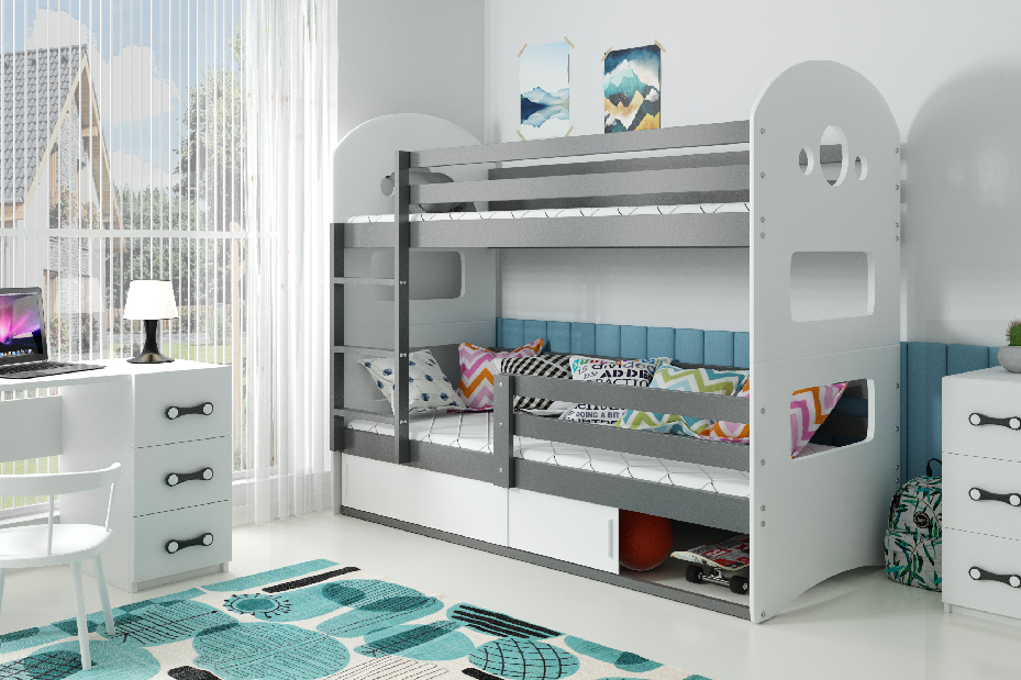 Poschodová posteľ 80 x 190 cm Domur (grafit + biela) (s roštami, matracmi a úl. priestorom)