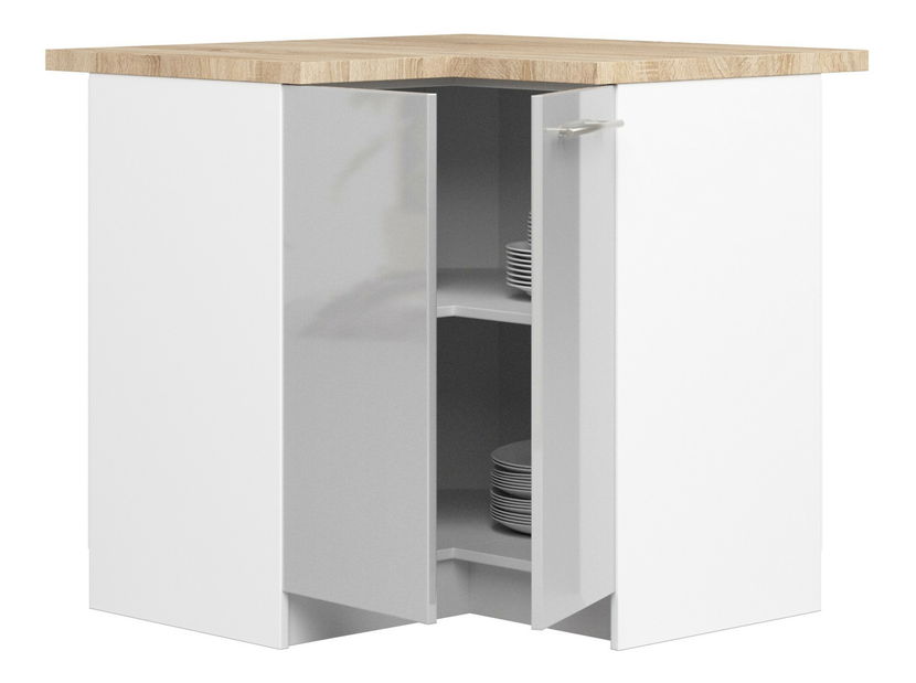 Rohová dolná kuchynská skrinka Ozara S90 90 (biela + metalický lesk)
