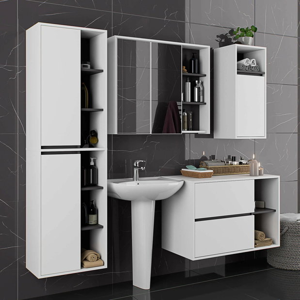 Dulap de baie Vambos W90 2D 3P LO (alb + grafit) (cu oglindă)