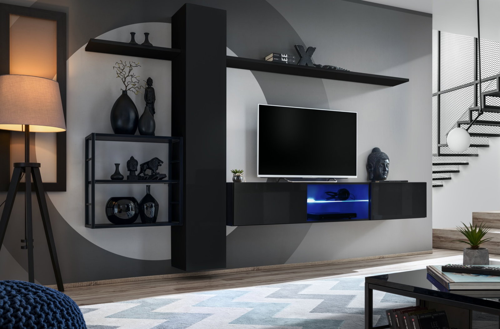 Mobilier living Shelly 27 ZZ SW M5 (negru mat + negru lucios + negru mat)