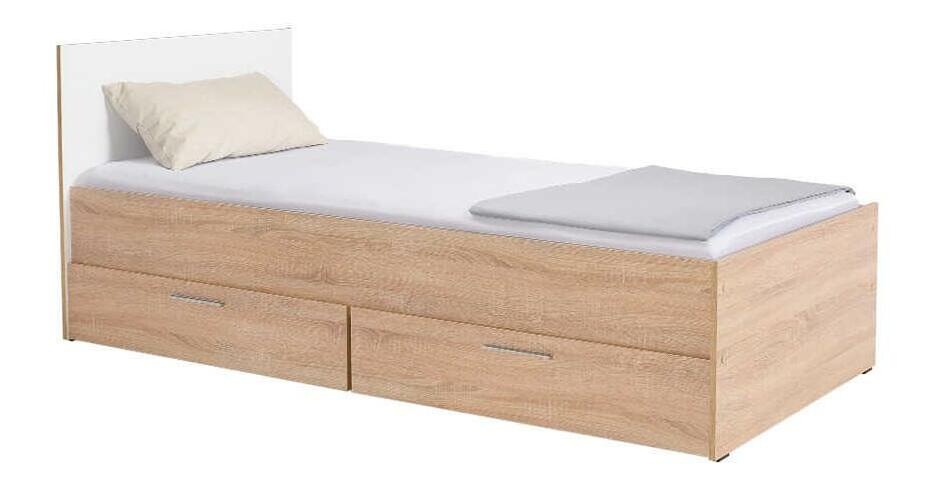 Pat de o persoană 90 cm Vobima 2 (stejar sonoma + alb) (cu somieră) (cu sp. depozitare)