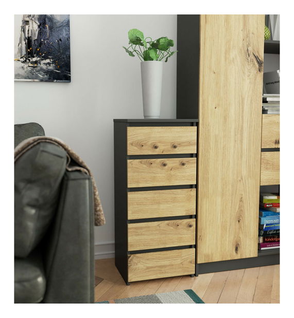 Comodă Cipriano III (grafit gri + stejar artisan)