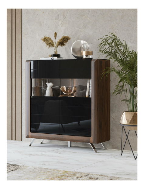 Vitrină Kassie Typ 42 (negru lucios + nuc columbia) (cu iluminat)