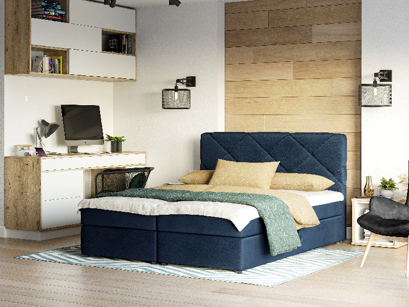 Manželská posteľ Boxspring 160x200 cm Karum Comfort (tmavomodrá) (s roštom a matracom)