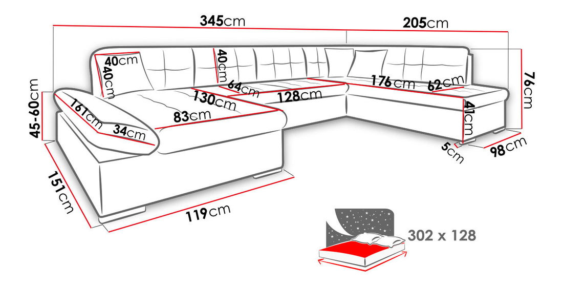 Rohová sedačka Calla (L) U (čierna + tmavosivá + sivá)