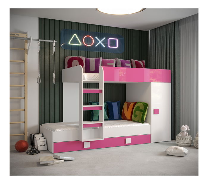 Detská kombinovaná posteľ 90 cm Toreno 2 (biela + biely lesk + ružový lesk)