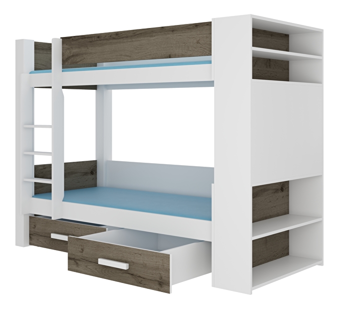 Dječji krevet na kat 200x90 cm Gabriela (s podnicom i madracem) (bijela + hrast sivi)