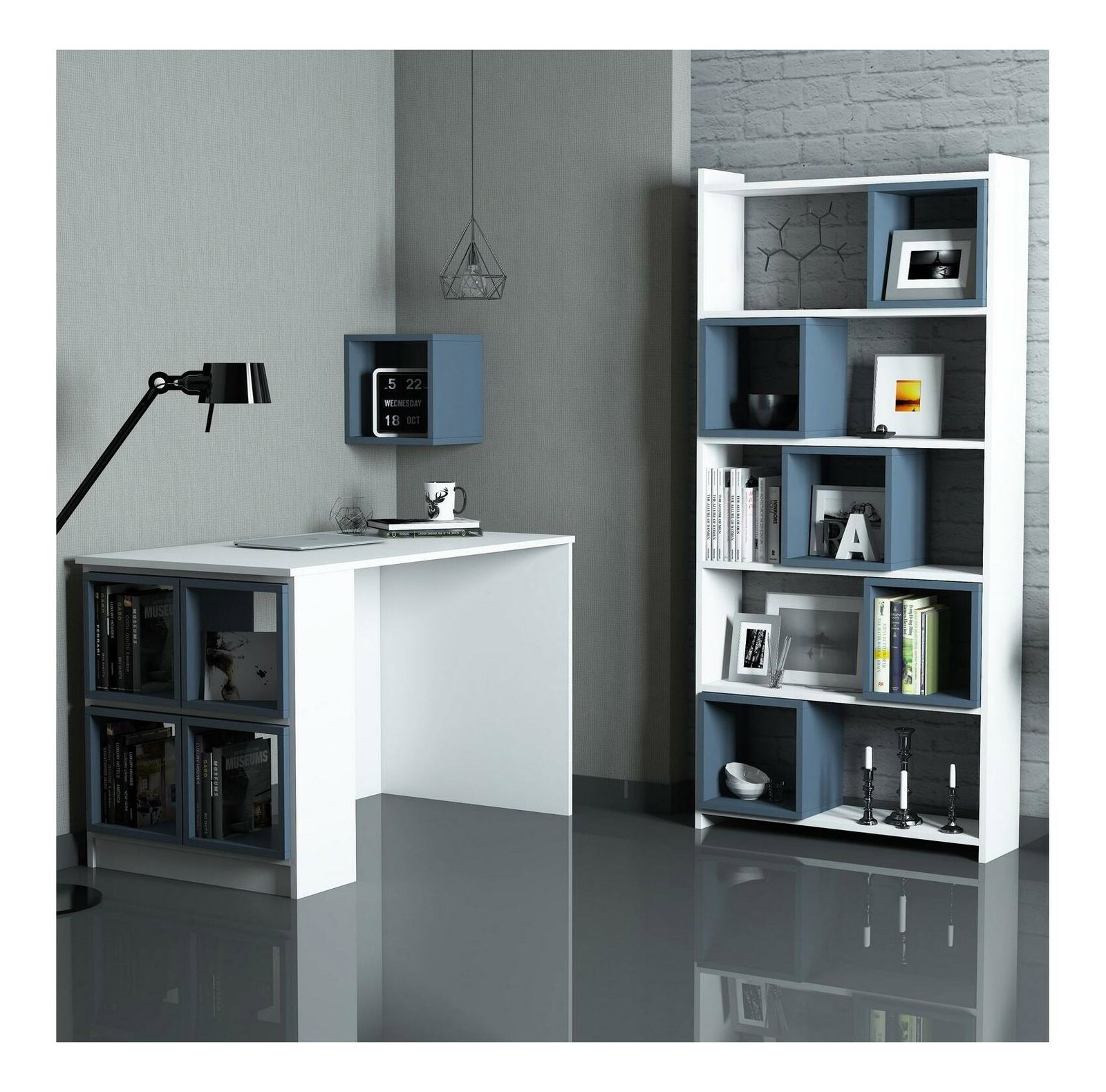 PC asztal regállal Blanchet (fehér + kék)