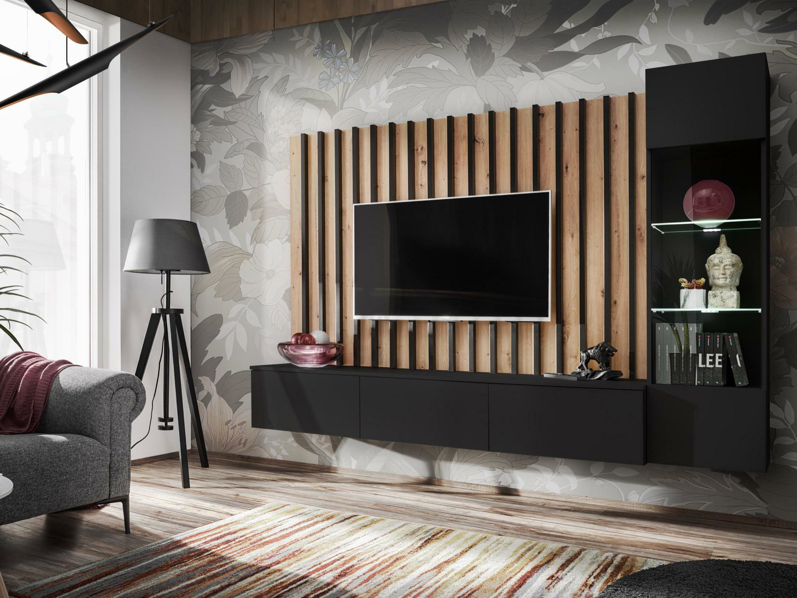 Mobilier living Vertic (stejar artisan + negru (cu iluminat LED)