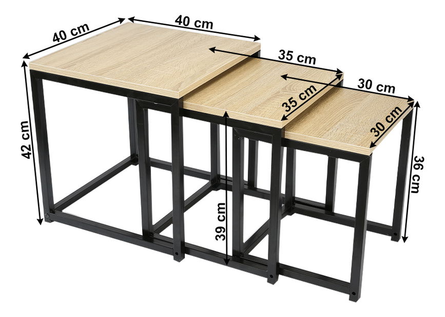 Set 3 buc. măsuțe de cafea Kastty (stejar sonoma + negru)