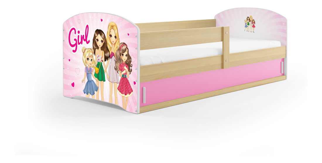 Detská posteľ 80 x 160 cm Lukan (borovica + vzor girls) (s roštom, matracom a úl. priestorom)