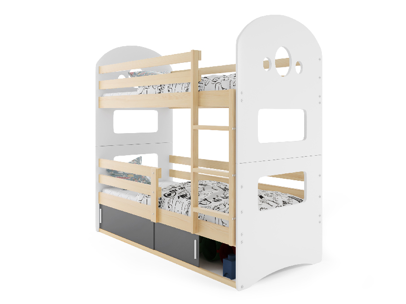 Poschodová posteľ 80 x 190 cm Domur (borovica + grafit) (s roštami, matracmi a úl. priestorom)